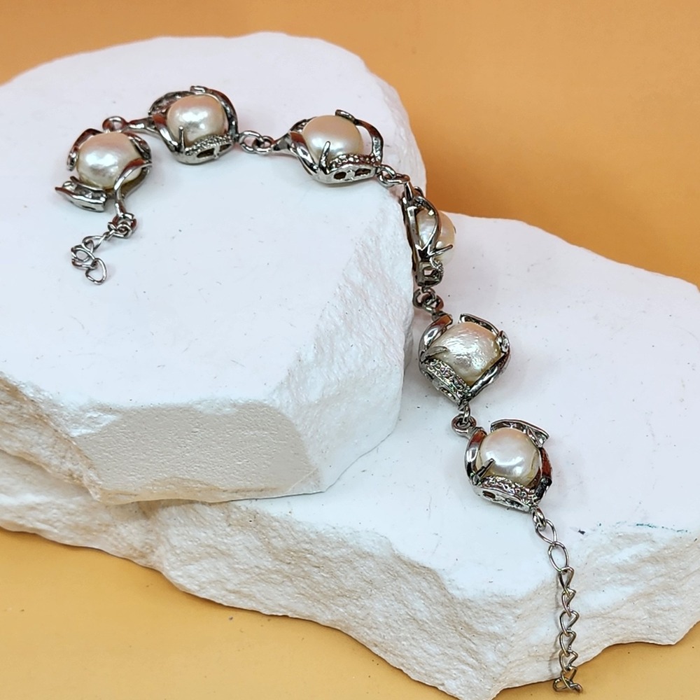 Real Pearl Silver Tone Link Bracelet Rhinestone Floral Clasp Missing Vintage